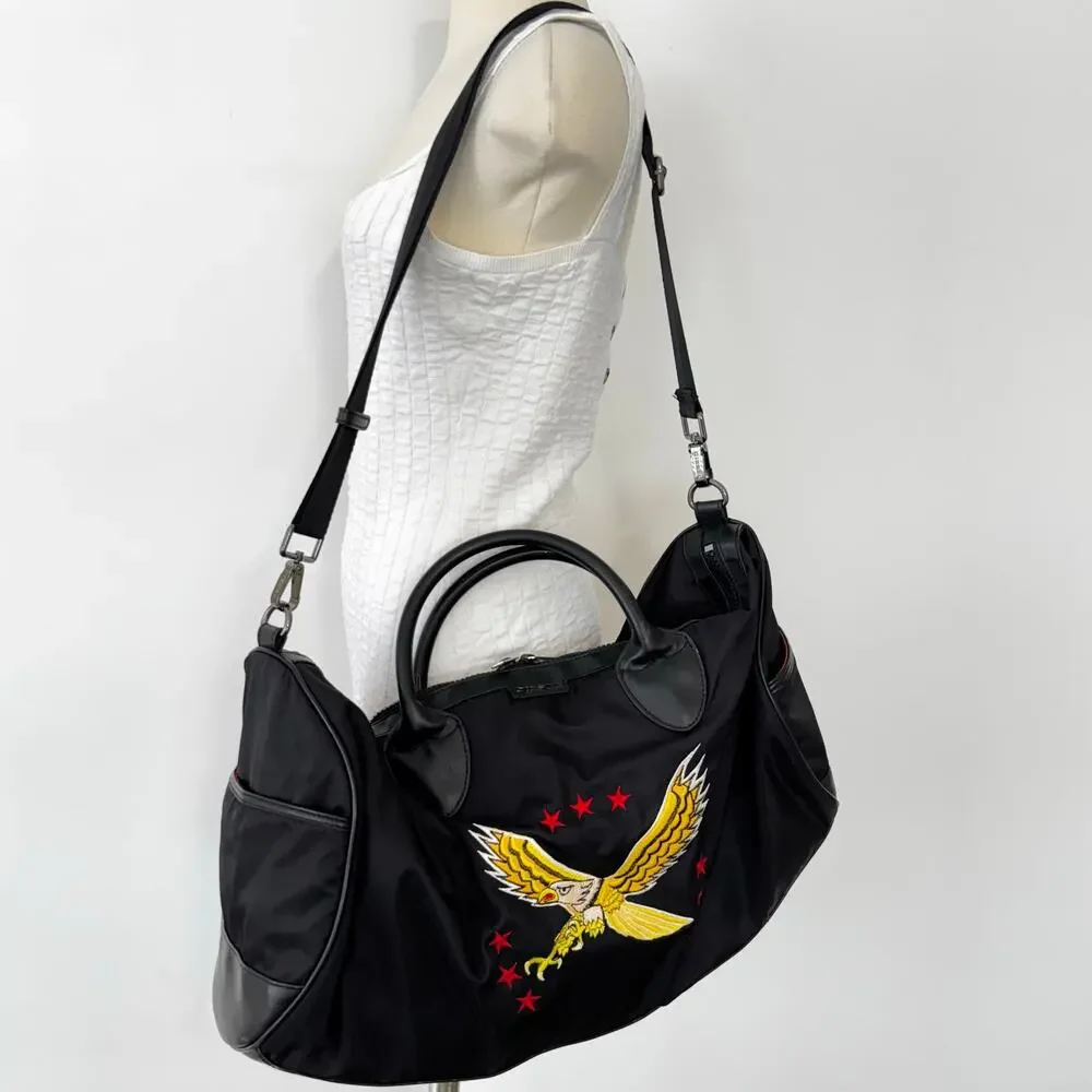 Diesel On The Road M-Flying Duffle Bag Nylon Embroidered Leather Trim Black Mens